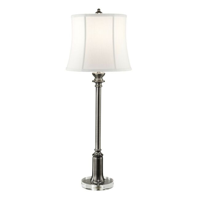 Loops Table Lamp Taller Slim True White Cotton Linen Shade Antique Nickel LED E27 60W in Metallics