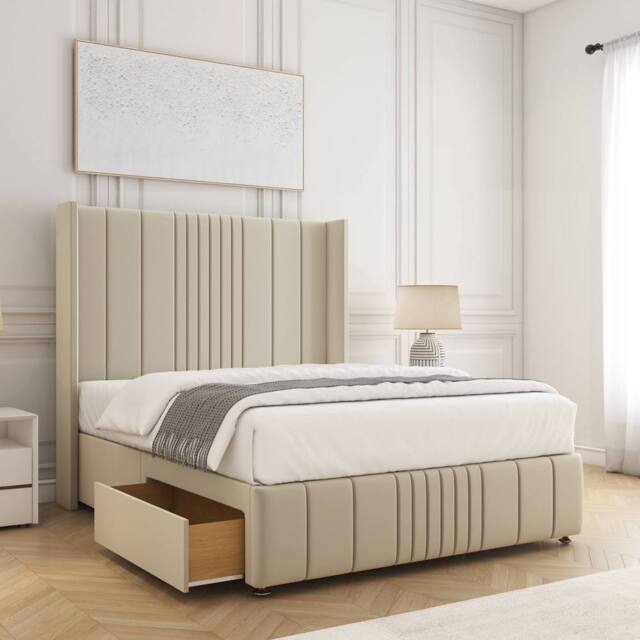 "BSSPOKE Elise Plush Velvet Divan Bed 54""Headboard 2Drawers Footend No Mattress in Cream - Size: Small Double" - image 1