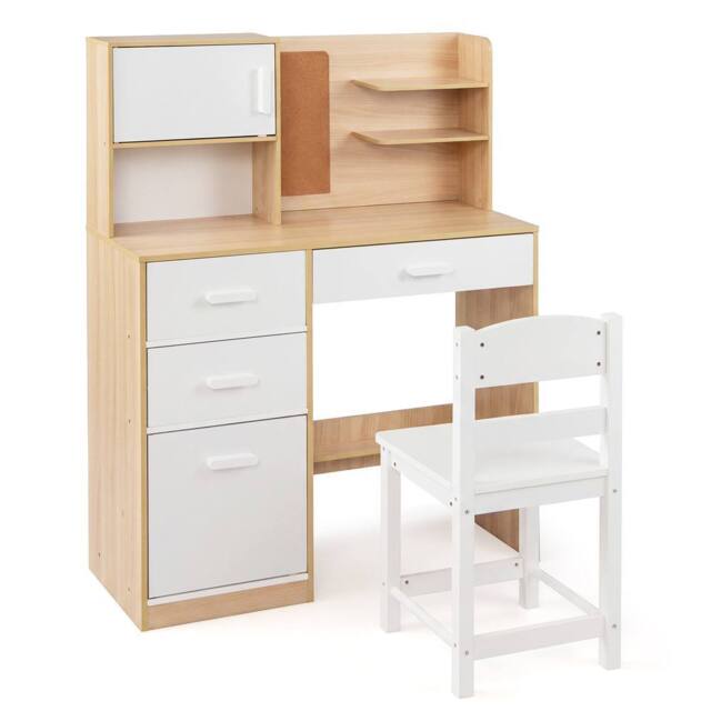 CASART Kids Desk &Chair Set Wooden Study Table w/Hutch Writing Desk Chair Set in Natural - image 1