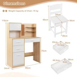 CASART Kids Desk &Chair Set Wooden Study Table w/Hutch Writing Desk Chair Set in Natural - thumbnail 2
