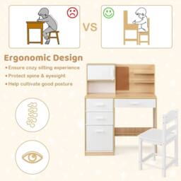CASART Kids Desk &Chair Set Wooden Study Table w/Hutch Writing Desk Chair Set in Natural - thumbnail 7