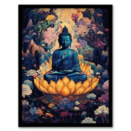 Artery8 Wall Art Print Buddha in Lotus Flower Nirvana Concept Art Blue Orange Pink Floral Psychedelic Painting Artwork Framed - Size: A4 - thumbnail 1