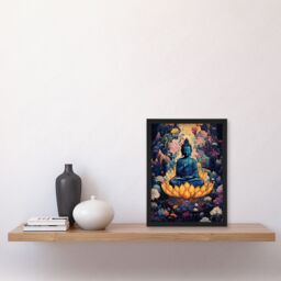 Artery8 Wall Art Print Buddha in Lotus Flower Nirvana Concept Art Blue Orange Pink Floral Psychedelic Painting Artwork Framed - Size: A4 - thumbnail 4