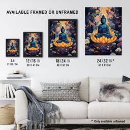 Artery8 Wall Art Print Buddha in Lotus Flower Nirvana Concept Art Blue Orange Pink Floral Psychedelic Painting Artwork Framed - Size: A4 - thumbnail 3