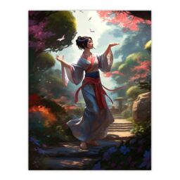 "Artery8 Wall Art Print Geisha Performing in Tranquil Garden Painting Graceful Traditional Dance in Spring Bloom Flowers Poster - Size: W18"" x H24""" - thumbnail 1