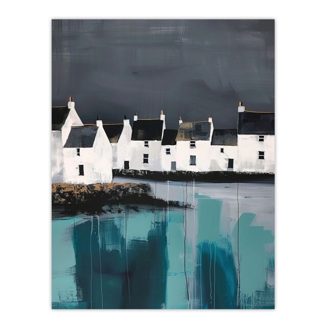 "Artery8 Scottish Coastal Village Oil Painting Grey Sky Wall Art Print - Size: W24"" x H32""" - image 1