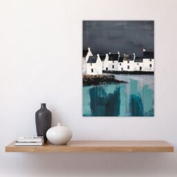 "Artery8 Scottish Coastal Village Oil Painting Grey Sky Wall Art Print - Size: W24"" x H32""" - thumbnail 4