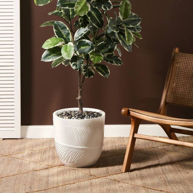 Wyld and Coco UC White Fibre Clay 35cm Round Planter with Leaf Motif - image 1