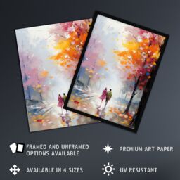 Artery8 Wall Art Print Lovers Autumn Walk Painting Orange Pink Couple in Park Framed Art - Size: A4 - thumbnail 2
