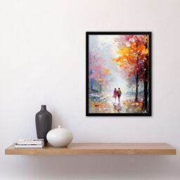 Artery8 Wall Art Print Lovers Autumn Walk Painting Orange Pink Couple in Park Framed Art - Size: A4 - thumbnail 4