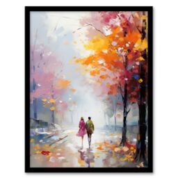 Artery8 Wall Art Print Lovers Autumn Walk Painting Orange Pink Couple in Park Framed Art - Size: A4 - thumbnail 1