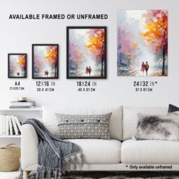 Artery8 Wall Art Print Lovers Autumn Walk Painting Orange Pink Couple in Park Framed Art - Size: A4 - thumbnail 3