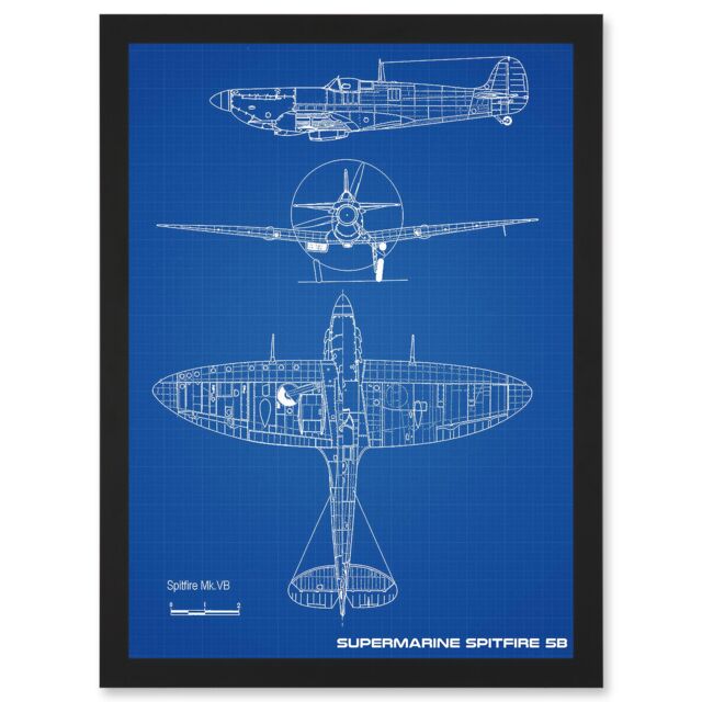 Artery8 Supermarine Spitfire 5B Fighter Plane Blueprint Plan A4 Artwork Framed Wall Art Print in Black - image 1