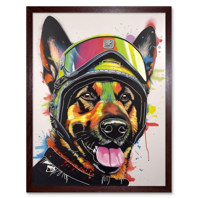 "Artery8 Wall Art Print German Shepherd Dog Wearing Ski Helmet & Goggles Art Framed in Brown - Size: W12"" x H16""" - image 1
