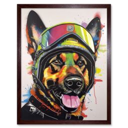 "Artery8 Wall Art Print German Shepherd Dog Wearing Ski Helmet & Goggles Art Framed in Brown - Size: W12"" x H16""" - thumbnail 1