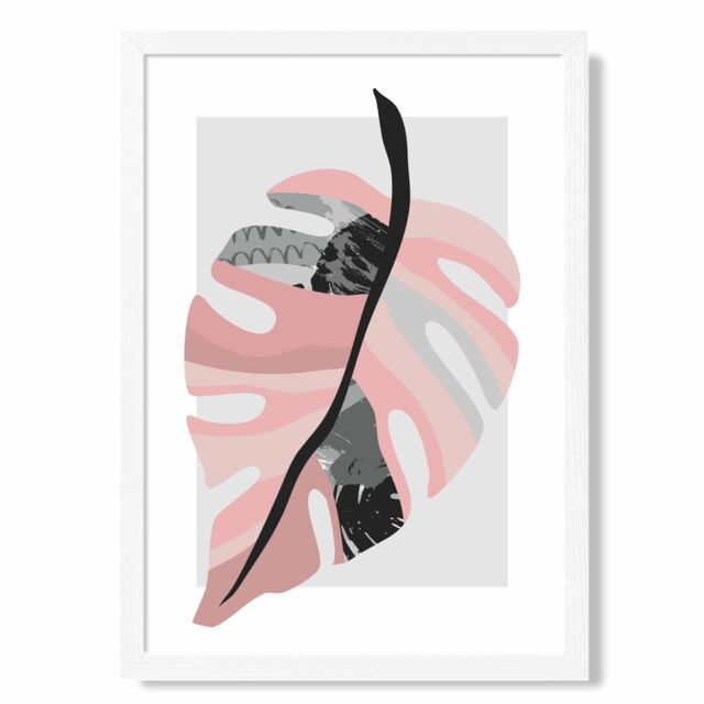 ARTZE Tropical Monstera Grey & Pink Boho Botanical Framed Print SIZE: A3 with White Frame - Size: A4 - image 1