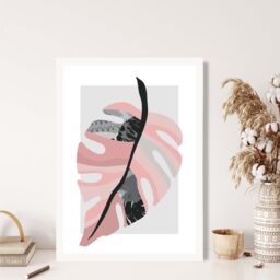 ARTZE Tropical Monstera Grey & Pink Boho Botanical Framed Print SIZE: A3 with White Frame - Size: A4 - thumbnail 2