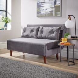Home Source Double Sofa Bed Folding Chair Velvet Wooden Legs Two Pillow Home in Grey - thumbnail 1
