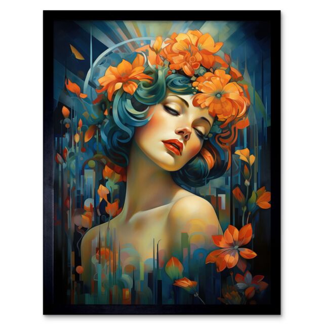 "Artery8 Wall Art Print Woman Portrait with Flowers Modern Art Deco Vibrant Artwork Orange Blue Floral Headband Art Framed in Black - Size: W12"" x H16""" - image 1