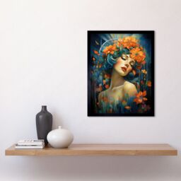 "Artery8 Wall Art Print Woman Portrait with Flowers Modern Art Deco Vibrant Artwork Orange Blue Floral Headband Art Framed in Black - Size: W12"" x H16""" - thumbnail 2