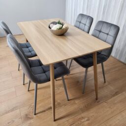 KOSY KOALA Rectangle Oak Effect Kitchen Dining Table With 4 Grey Velvet Tufted Chairs Dining Set - thumbnail 2