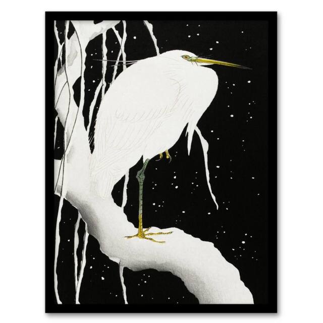 Artery8 Ohara Koson Framed Wall Art Print Heron In Snow Covered Tree Branch in Black - Size: A4 - image 1