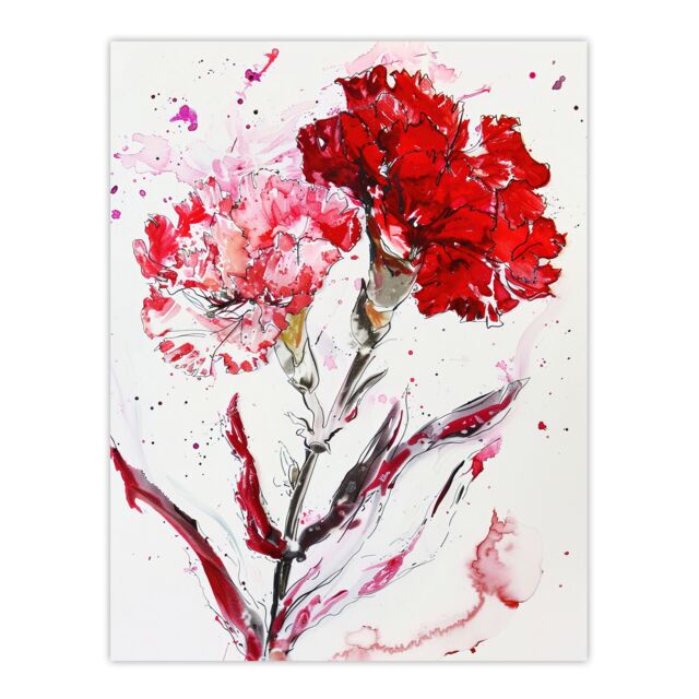 "Artery8 Red Carnation Flower Abstract Watercolour Wall Art Print - Size: W24"" x H32""" - image 1