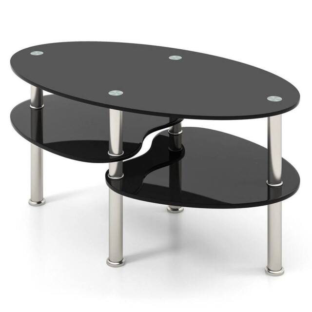 Kelvenix 3-Tier Modern Oval Smooth Glass Tea Table in Black - Size: 0.6m2 - image 1