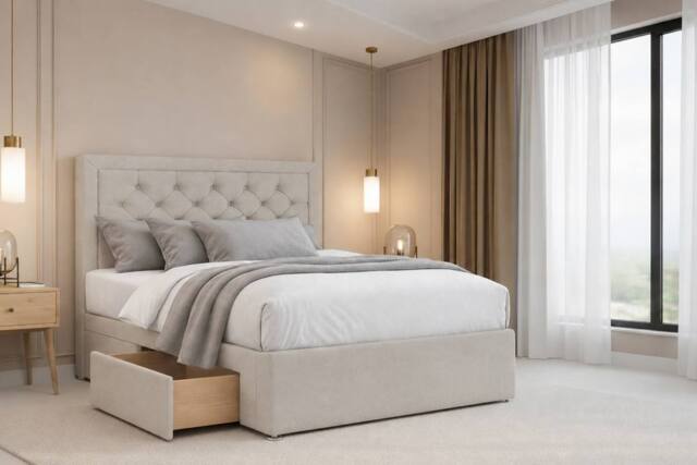 "Chester & Oakley Valencia Plush Divan Bed Base 4 Drawers - 26"" Headboard in Cream - Size: Small Double" - image 1