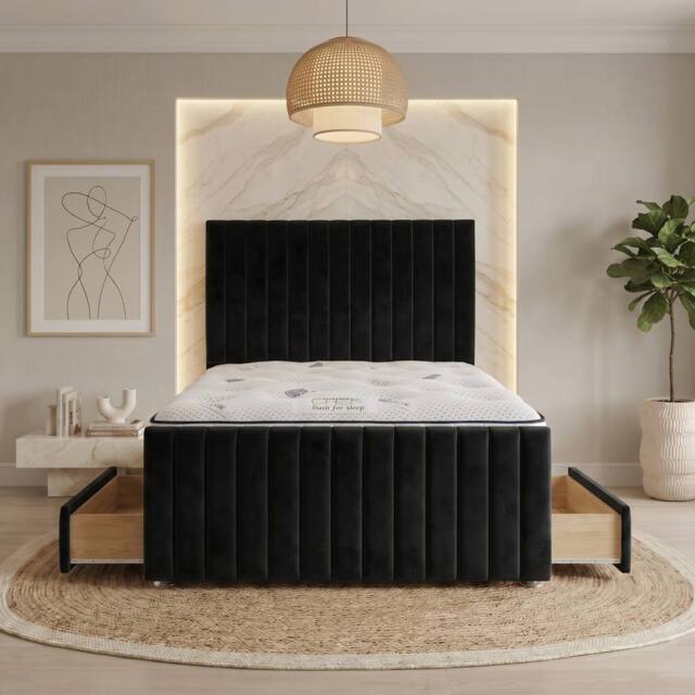 "Somnior Eleanor Velvet Divan Bed Mattress 4 Draw 54"" Headboard 22"" Footboard in Black - Size: Super King" - image 1