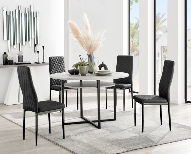 FurnitureboxUK Adley Grey Concrete Effect & Black Round Dining Table with Shelf & 4 Faux Leather Milan Dining Chairs - image 1