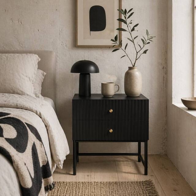 Wyld Haus Nafico Black & Gold Ribbed 2 Drawer Bedside Table - image 1