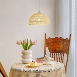 Pheashine White Rattan Woven Pendant Light, E27, Adjustable 130cm Cord, No Bulb in Beige - thumbnail 1