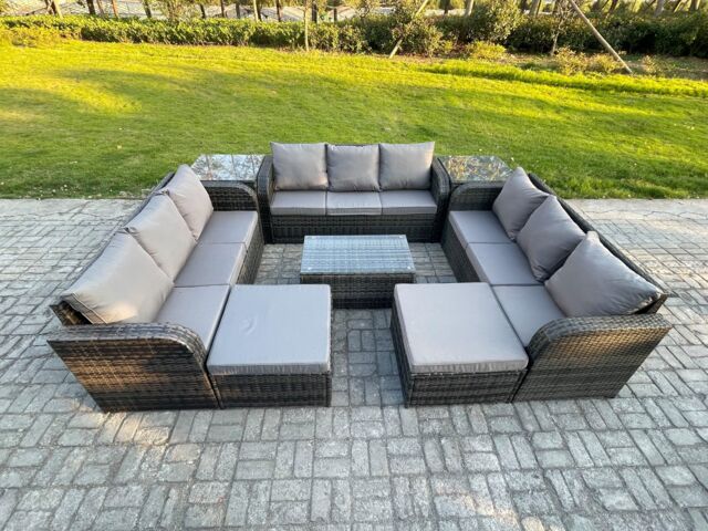 Fimous Outdoor Garden Furniture Sets 11 Seater Wicker Rattan Furniture Sofa Sets with Rectangular Coffee Table 3 Seater Sofa 2 Side Tables Footstool - image 1