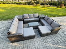Fimous Outdoor Garden Furniture Sets 11 Seater Wicker Rattan Furniture Sofa Sets with Rectangular Coffee Table 3 Seater Sofa 2 Side Tables Footstool - thumbnail 2