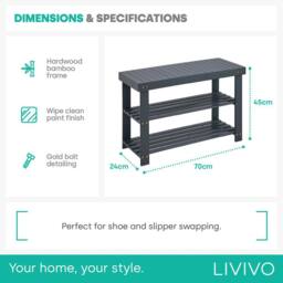 LIVIVO Bamboo Shoe Bench 2 Tier Grey Shoe Rack Storage Bench Entryway Hallway Seat Organiser - thumbnail 6