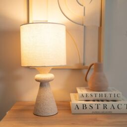 ValueLights Cady Stone Effect Natural Table Lamp with Drum Shade & LED Bulb in Cream