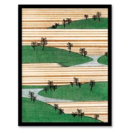 Artery8 Shin Bijutsukai Framed Wall Art Print Landscape With Hills Pattern in Green - Size: A4 - thumbnail 1