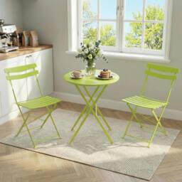 London Boutique Folding 3-Piece Metal Bistro Set Outdoor Patio Round Table & 2 Chairs in Light Green - thumbnail 2