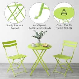 London Boutique Folding 3-Piece Metal Bistro Set Outdoor Patio Round Table & 2 Chairs in Light Green - thumbnail 4
