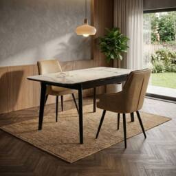 HOME LUXE INTERIOR Set of 2 Palermo Beige PU Leather Dining Chairs with Black Metal Legs - thumbnail 5