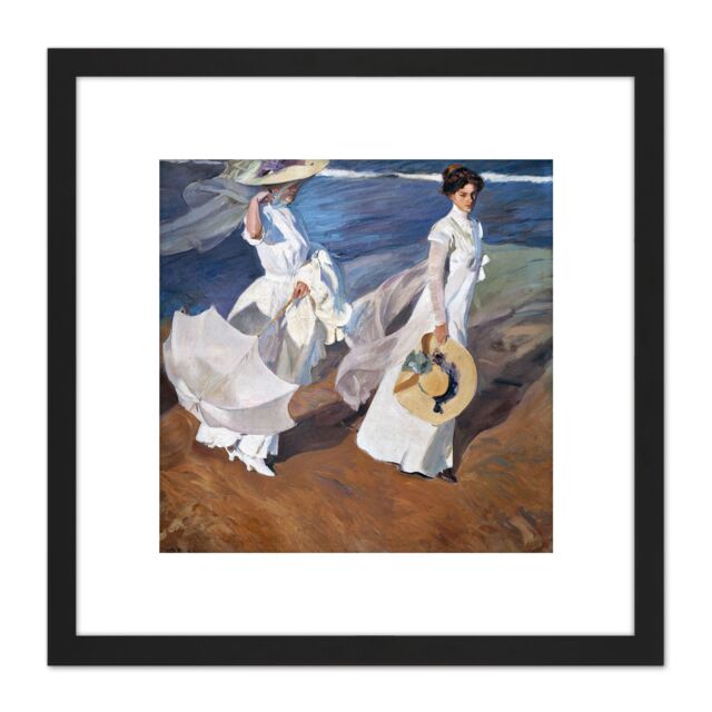 Artery8 Sorolla Strolling Along The Seashore Painting 8X8 Inch Square Wooden Framed Wall Art Print Picture with Mount in Black - image 1
