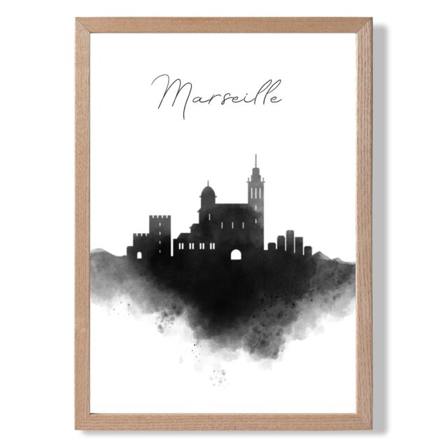 ARTZE Marseille Watercolour Skyline City Framed Print SIZE: A4 with Oak Frame in Black - image 1