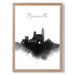 ARTZE Marseille Watercolour Skyline City Framed Print SIZE: A4 with Oak Frame in Black - thumbnail 1