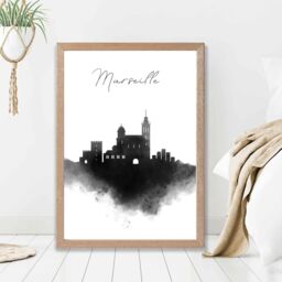 ARTZE Marseille Watercolour Skyline City Framed Print SIZE: A4 with Oak Frame in Black - thumbnail 2