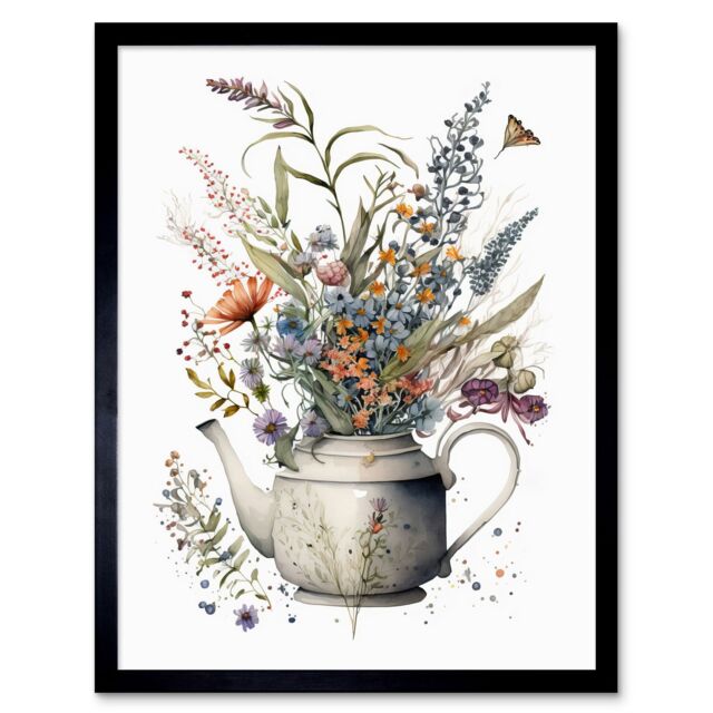 "Artery8 Wall Art Print Spring Wildflower Bouquet in White Ceramic Teapot Art Framed in Black - Size: W12"" x H16""" - image 1