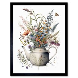 "Artery8 Wall Art Print Spring Wildflower Bouquet in White Ceramic Teapot Art Framed in Black - Size: W12"" x H16""" - thumbnail 1