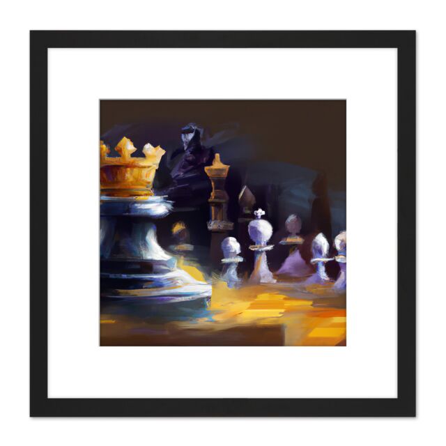 Artery8 Chess Board Pieces Gold Crown King Abstract Painting Square Wooden Framed Wall Art Print Picture 8X8 Inch in Black - image 1