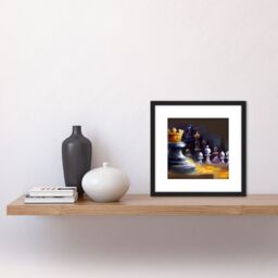 Artery8 Chess Board Pieces Gold Crown King Abstract Painting Square Wooden Framed Wall Art Print Picture 8X8 Inch in Black - thumbnail 2