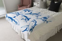 Benjamin Tate Design Graphical set of blue sharks isolated on white background Designer Blanket in Natural - Size: 120 cm x 150 cm - thumbnail 4